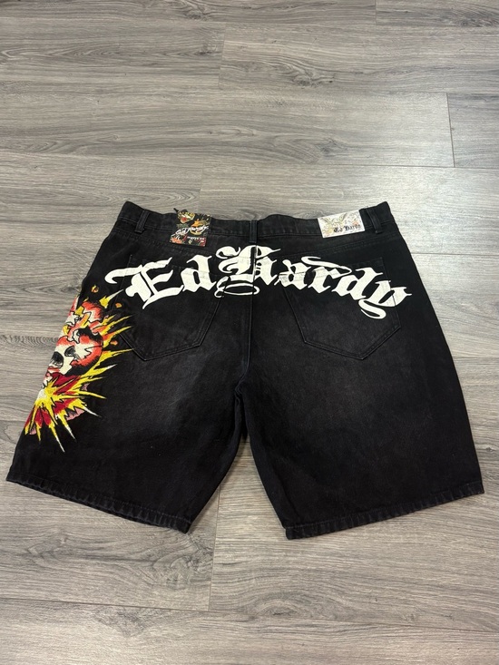 Ed Hardy Other - Ed Hardy Black Denim Shorts with White Script and Multicolor Skull